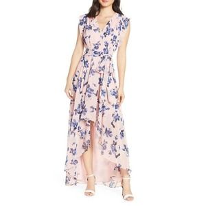 NWT Eliza J Faux Wrap Chiffon Floral Print High Low Maxi Dress Size 2 Blush Pink